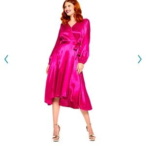 Hot Pink Nine West Long Sleeve Midi Wrap Dress